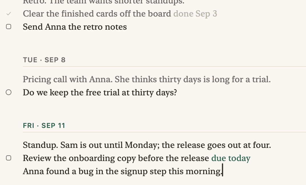 The pointer clicks a todo in the list that is three weeks old, and the notes scroll back to August 20, where the line was written, and highlight it with the two lines of details under it.