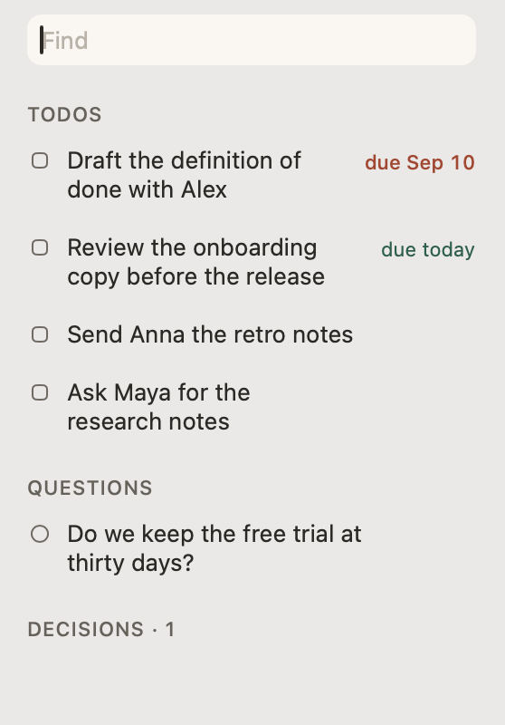 The list, close up, with its search field open. Pricing is typed, and the list narrows to one decision: Onboarding ships before the pricing page.