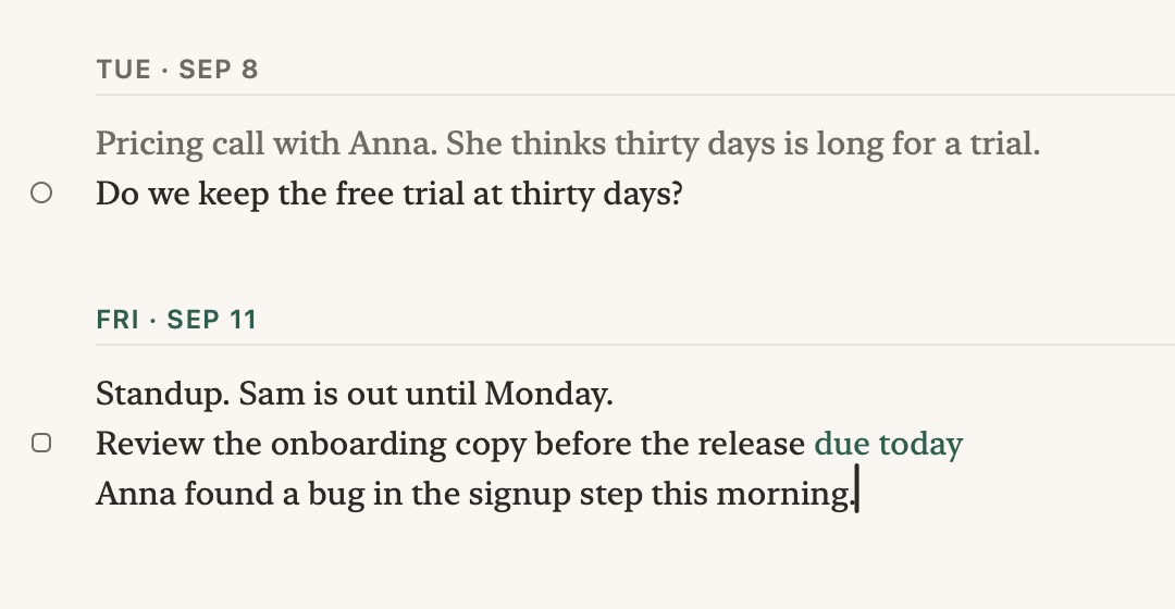 The notes' last lines, close up. A plain line is typed, Ask Anna for the steps to reproduce it. A moment later a dashed box appears beside it, and a keystroke takes it: the line becomes a todo.