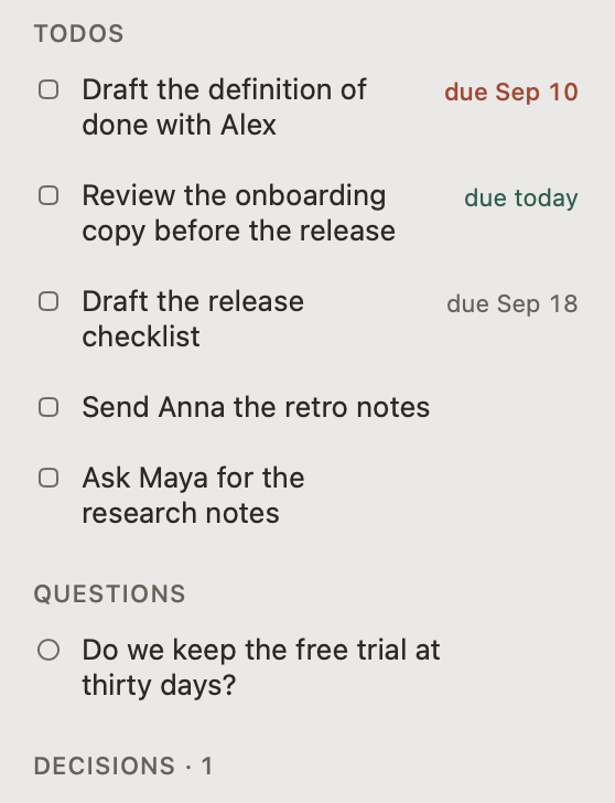 The list, close up, a few weeks into the notes: one todo in red at the top, due September 10, then one due today and one due September 18, then two with no date; a question; and one decision.